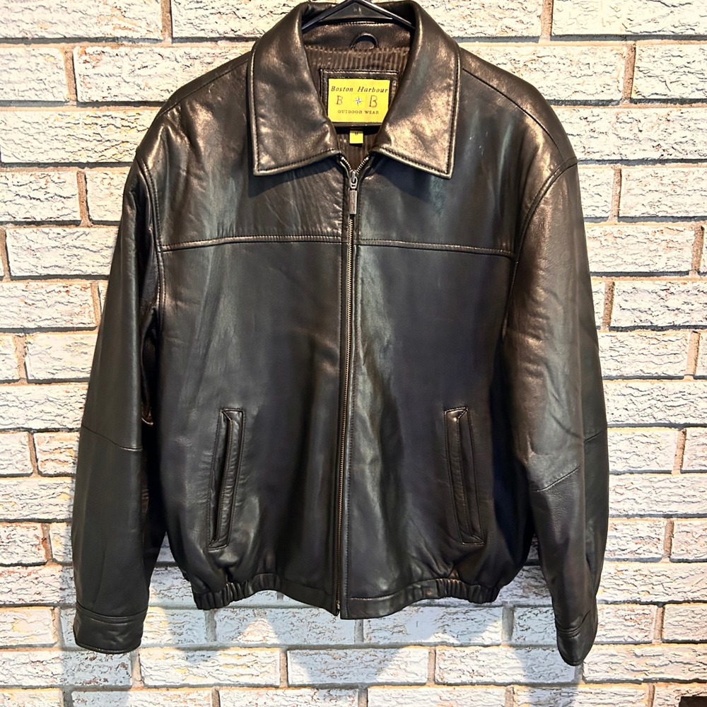 Boston Harbour Mens Black Leather Bomber Jacket Full Zip Quilted Lining Medium